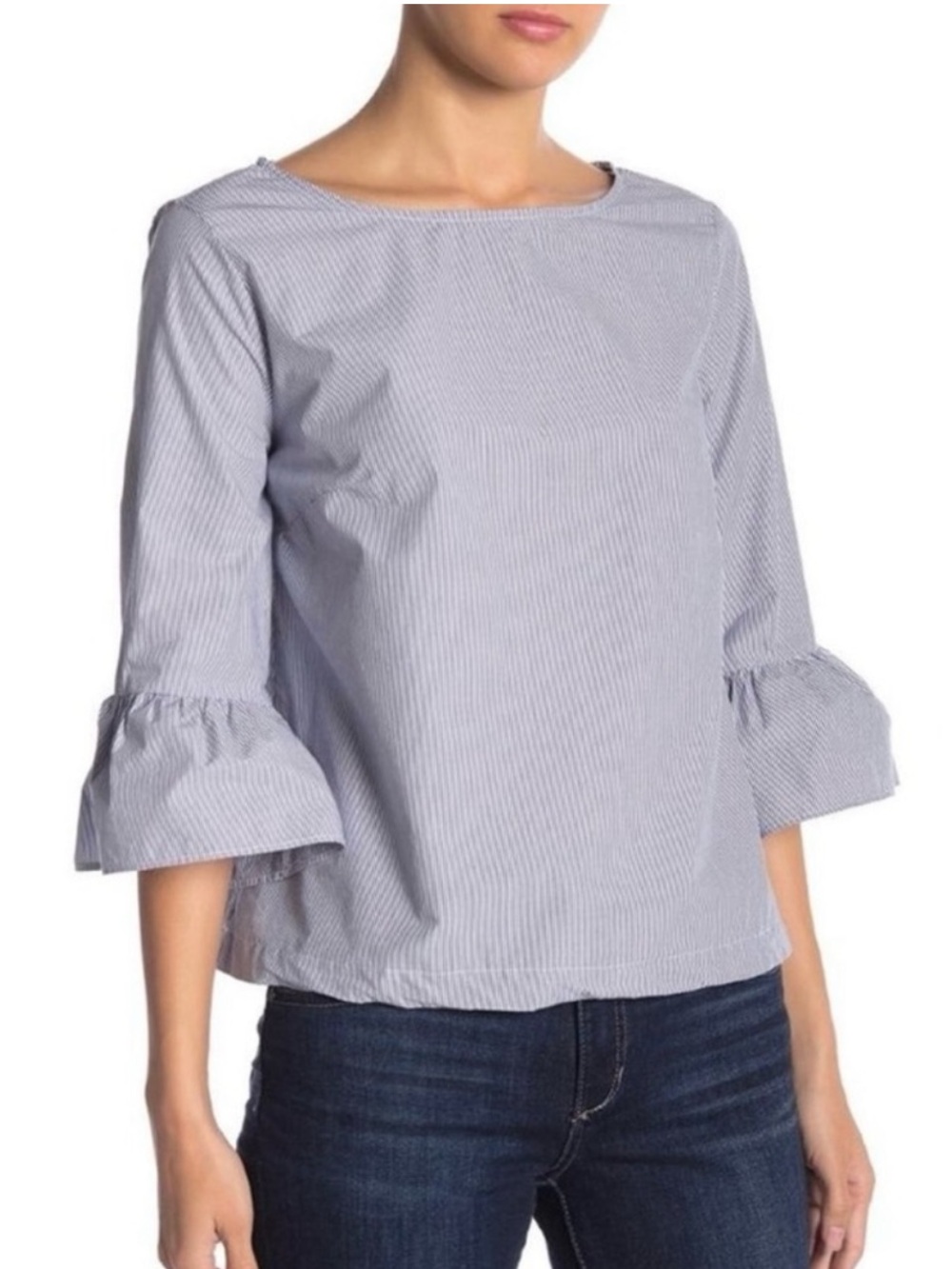 Madewell 100% cotton Blue & White Pinstripe Ruffle-Sleeve Boatneck Blouse